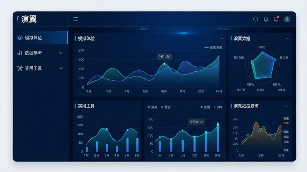 一张现代简约风格的软件主界面截图,主体是演翼软件的仪表盘布局,左侧功能导航栏清晰列出“模拟体验”、“数据参考”、“实用工具”等模块,右侧大屏幕展示动态数据图表,整体采用深蓝色科技感配色,界面干净无多余元素,画质高清,文字标签“演翼”置于界面左上角