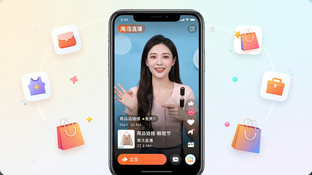 主体:淘宝直播App界面预览图,展示手机屏幕上的直播购物场景,画面中有主播正在介绍商品,屏幕下方有商品链接和互动按钮。布局:居中构图,手机屏幕为主体,周围有商品小图标和购物袋元素点缀。排版:简洁清晰,手机屏幕内容占画面70%,背景为浅色渐变。风格:现代科技感,色彩明亮,突出直播氛围。细节:直播画面清晰,主播表情自然,商品图片精美。画质:高清,干净,无多余元素。