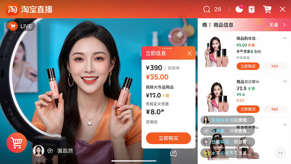 主体:淘宝直播App的直播购物界面,屏幕上有主播在展示美妆产品,旁边有购物车图标和商品详情弹窗。布局:分屏设计,左侧为直播画面,右侧为商品信息列表。排版:信息层级分明,商品价格、优惠信息突出显示。风格:时尚潮流,色彩鲜艳,符合年轻用户审美。细节:主播手持产品,屏幕上有“立即购买”按钮和用户评论滚动。画质:高清,干净,无多余元素。