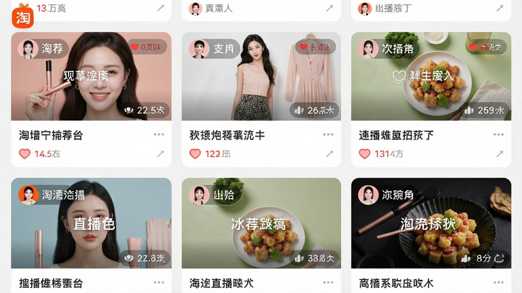 主体:淘宝直播App的首页推荐信息流界面,展示多个直播间的封面图,每张封面有主播头像和观看人数。布局:瀑布流式排版,卡片大小不一,错落有致。排版:封面图清晰,标题文字简洁,观看人数以红色小字标注。风格:清新自然,色彩柔和,界面干净整洁。细节:推荐内容包含美妆、服饰、食品等品类。画质:高清,画面干净,无多余元素。