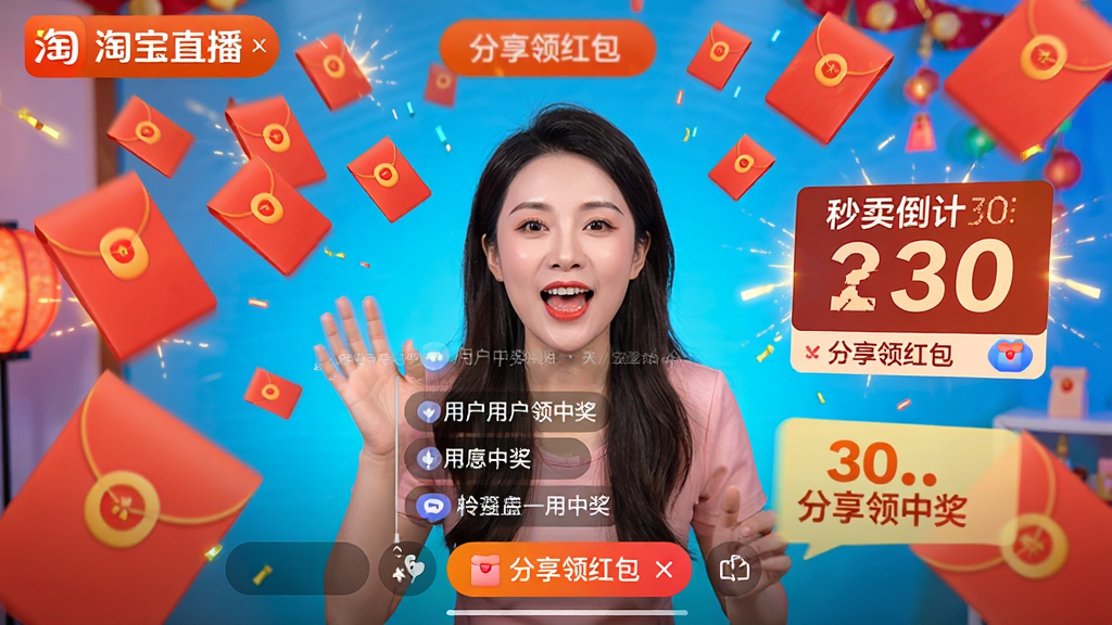 主体:淘宝直播App的直播间互动界面,屏幕上有红包雨特效和秒杀倒计时,主播在热情讲解。布局:居中构图,红包和倒计时元素分布在屏幕四周。排版:主次分明,互动元素动态效果明显。风格:活泼欢快,色彩明亮,充满节日气氛。细节:屏幕上有“分享领红包”按钮和用户中奖弹幕。画质:高清,干净,无多余元素。