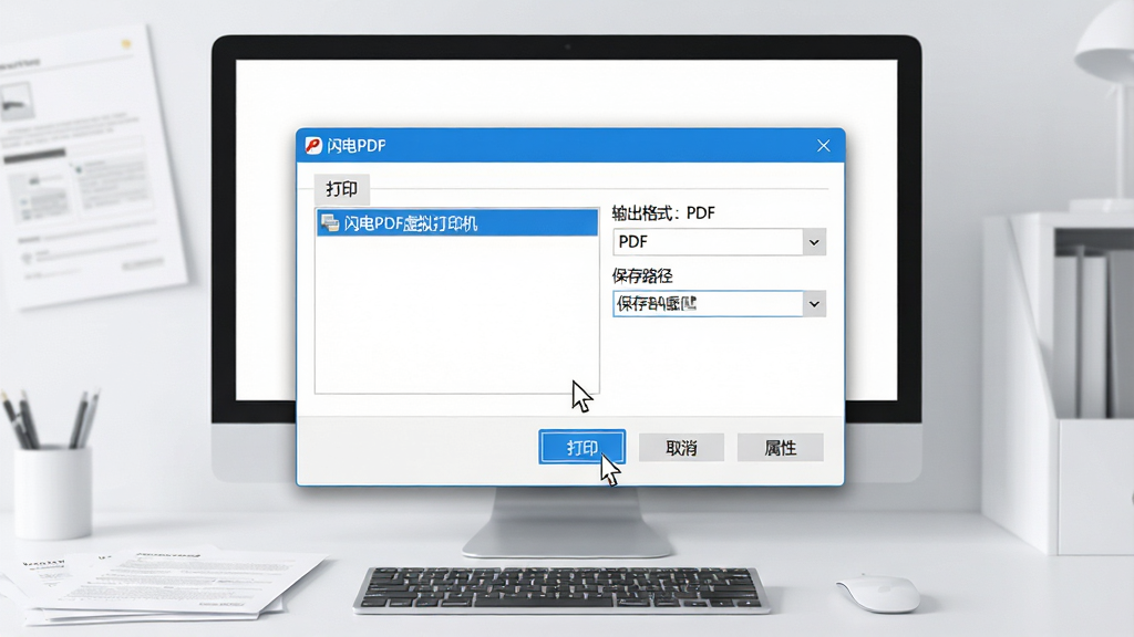 主体:闪电PDF虚拟打印机软件界面悬浮于电脑屏幕中央,屏幕背景为整洁的现代办公桌面,桌面有显示器、键盘、几份纸质文件。布局:界面窗口展示“打印”对话框,选中“闪电PDF虚拟打印机”选项,旁边有“输出格式:PDF”和“保存路径”设置。排版:界面简洁清晰,按钮文字为“打印”“取消”“属性”。风格:扁平化设计,蓝白配色,光线明亮柔和。细节:窗口边缘有细微阴影,鼠标指针悬停在“打印”按钮上。画质:高清渲染,干净无多余元素。