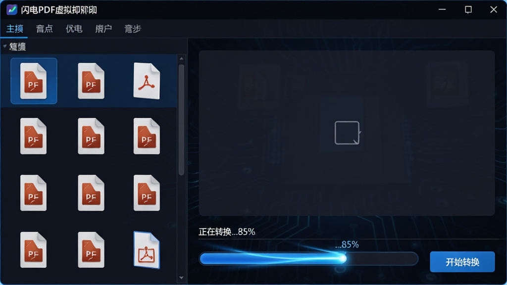 主体:闪电PDF虚拟打印机软件运行界面,左侧为文件列表,右侧显示转换进度条。布局:上下结构,上方为菜单栏,中间为文件拖拽区域,下方为转换进度条及“开始转换”按钮。排版:文件列表呈现多个文档图标,进度条显示“正在转换...85%”。风格:科技感UI,深色背景与蓝色高光。细节:进度条有动态光效,文件图标带PDF标志。画质:清晰锐利,干净无多余元素。