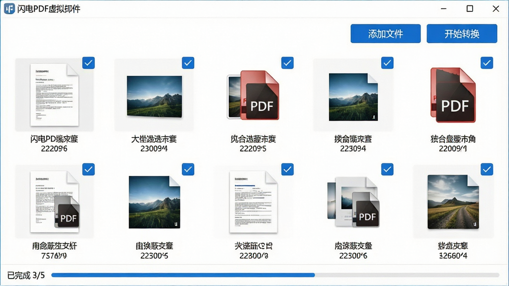 主体:闪电PDF虚拟打印机批量转换界面,窗口内排列多个文件缩略图,每个缩略图右上角有状态勾选标记。布局:网格状排列,顶部有“添加文件”“开始转换”按钮,底部显示“已完成 3/5”进度。排版:文件缩略图为文档和图片混合,有PDF格式标识。风格:简约商务,白色背景,蓝色按钮。细节:缩略图下方有文件名和大小信息。画质:高清晰度,干净无多余元素。