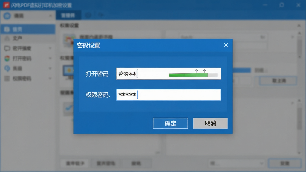 主体:闪电PDF虚拟打印机加密设置界面,显示“密码设置”对话框,有“打开密码”和“权限密码”输入框。布局:居中对话框,下方有“确定”“取消”按钮,背景为模糊化的软件主界面。排版:输入框带有密码强度指示条。风格:简洁商务,蓝色主调。细节:密码输入框有星号掩码显示。画质:高清渲染,干净无多余元素。