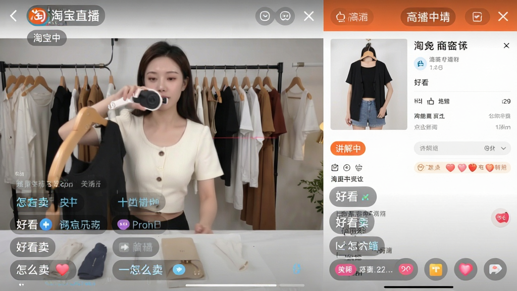 画面主体为手机淘宝直播APP直播间截图风格,屏幕左侧是直播画面,主播正在试穿衣服,右侧是商品图文详情页,下方有“讲解中”标签和半透明的互动弹幕区域,弹幕文字清晰可见,包含“好看”、“怎么卖”等字样。整体布局左右分栏,以浅灰色和白色为基调,风格清爽简洁,画质高清,干净无多余元素。