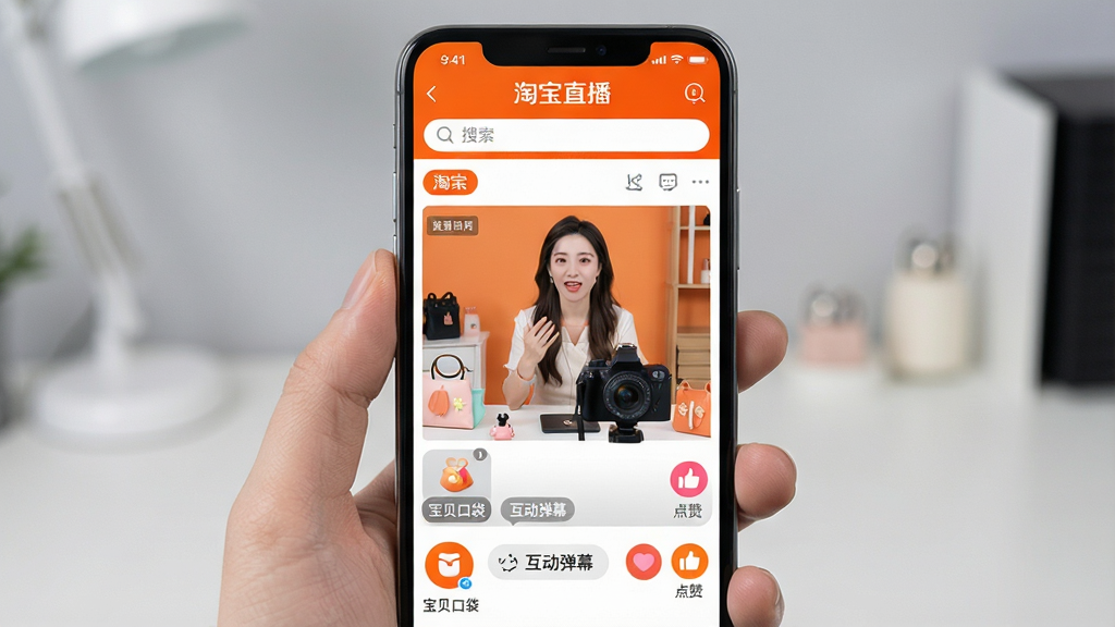 画面主体为一部智能手机屏幕正中央显示淘宝直播APP界面,界面顶部有“淘宝直播”字样和搜索框,中部是正在直播的商品展示画面,主播在镜头前介绍商品,画面下方有“宝贝口袋”、“互动弹幕”、“点赞”等图标。整体布局清晰,以橙色和白色为主色调,风格现代简洁,细节丰富,画质高清,干净无多余元素。