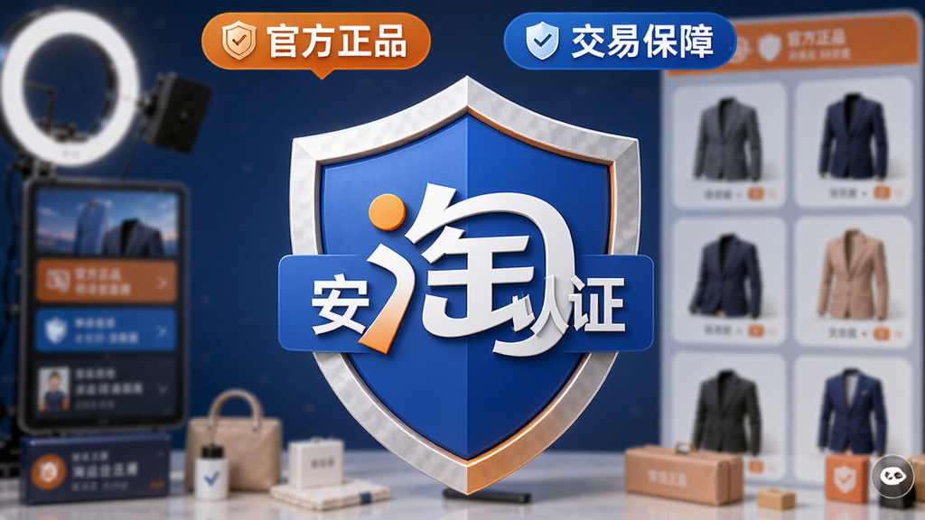 画面主体为盾牌图标与淘宝直播LOGO结合的创意视觉,盾牌内部有“安全认证”字样,背景是模糊的直播间场景和商品图片,上方有“官方正品”、“交易保障”字样。整体布局居中对称,以蓝色和橙色为主色调,风格稳重专业,细节丰富,画质高清,干净无多余元素。