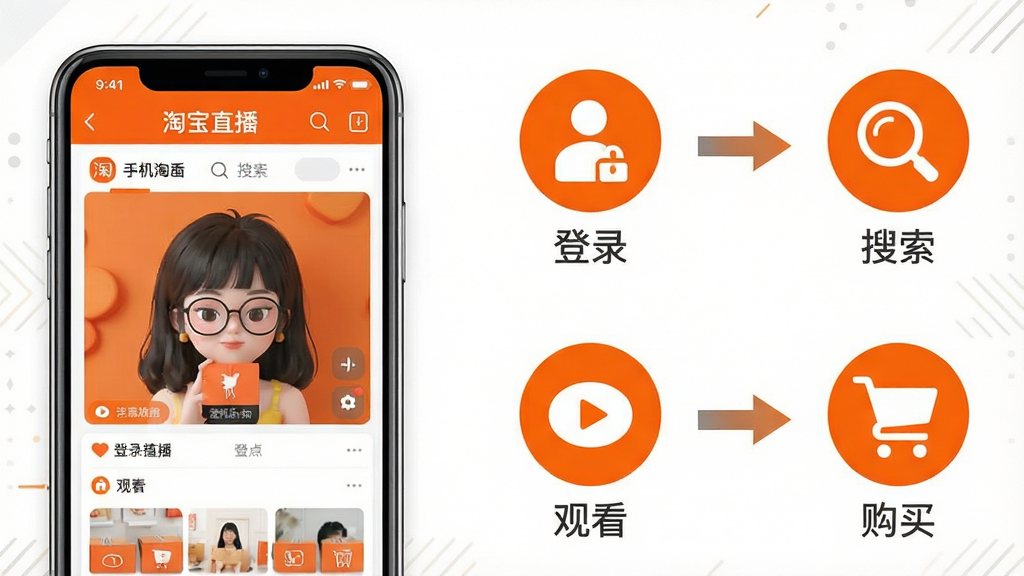 画面主体为一张操作流程图风格图片,左侧是手机淘宝直播App界面,右侧是简化的操作步骤图标,包括“登录”、“搜索”、“观看”、“购买”等,每个图标下方有对应文字说明,中间以箭头连接。整体布局清晰,以白色为底,橙色和灰色为主色调,风格简洁明了,画质高清,干净无多余元素。