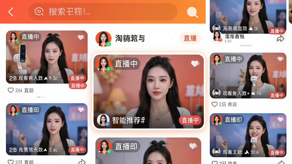 画面主体为手机淘宝直播APP首页截图风格,顶部是搜索栏,下方是瀑布流直播卡片,每张卡片显示主播头像、直播封面、观看人数和“直播中”标签,卡片大小不一,错落有致。其中一张卡片被放大突出显示,表示智能推荐。整体布局为瀑布流式,以白色为背景,配色活泼明亮,风格时尚现代,画质高清,干净无多余元素。