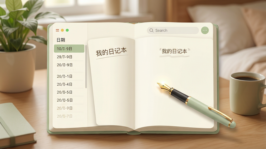 主体:我的日记本软件主界面,展示一个打开的书本和一支笔,背景是温馨的卧室书桌。布局:居中构图,书本占据视觉中心,周围有绿植和咖啡杯点缀。排版:界面简洁,左侧是日期列表,右侧是编辑区域,顶部有搜索栏。风格:写实与扁平结合,色彩柔和,以米白和淡绿色为主。细节:书页上隐约可见“我的日记本”字样,笔尖有微光。画质:4K高清,干净,无多余元素。