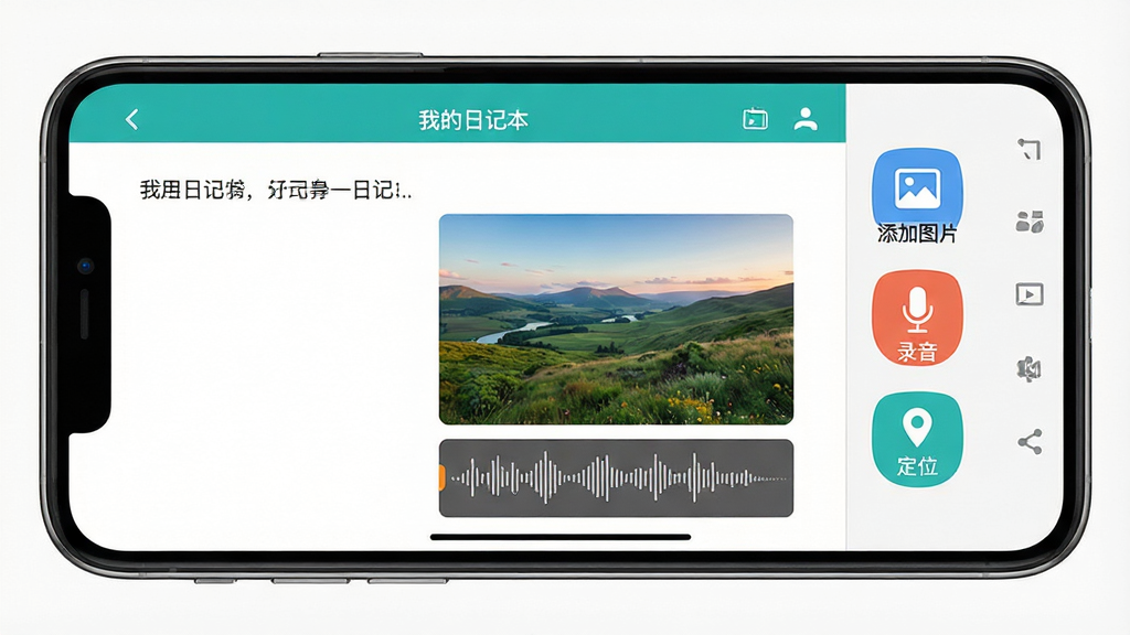 主体:我的日记本软件在手机上的编辑界面,显示插入图片和语音的图标。布局:手机横屏展示,左侧是日记内容,右侧是工具栏。排版:图标排列整齐,有“添加图片”、“录音”、“定位”按钮。风格:扁平化设计,色彩明快。细节:屏幕中显示一张风景照片和一段音频波形。画质:高清,干净,无多余元素。