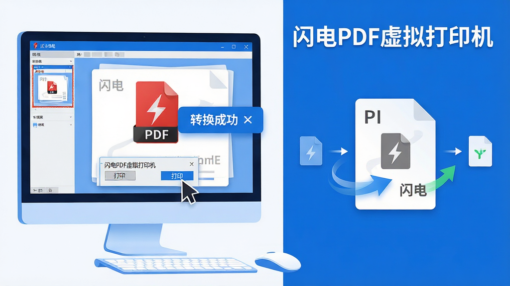 主体:一台现代电脑屏幕前,鼠标点击“打印”对话框中的“闪电PDF虚拟打印机”选项,屏幕中浮现清晰的PDF文件图标与文档转换成功提示。布局:左侧为软件操作界面缩略图,右侧为转换流程示意,整体呈横向构图。排版:主次分明,突出软件名称“闪电PDF虚拟打印机”字样,界面元素整洁有序。风格:科技感插画,蓝白主色调,扁平化设计。细节:文档页面带有“闪电”logo水印,转换动画流畅。画质:高清渲染,干净背景,无多余元素。