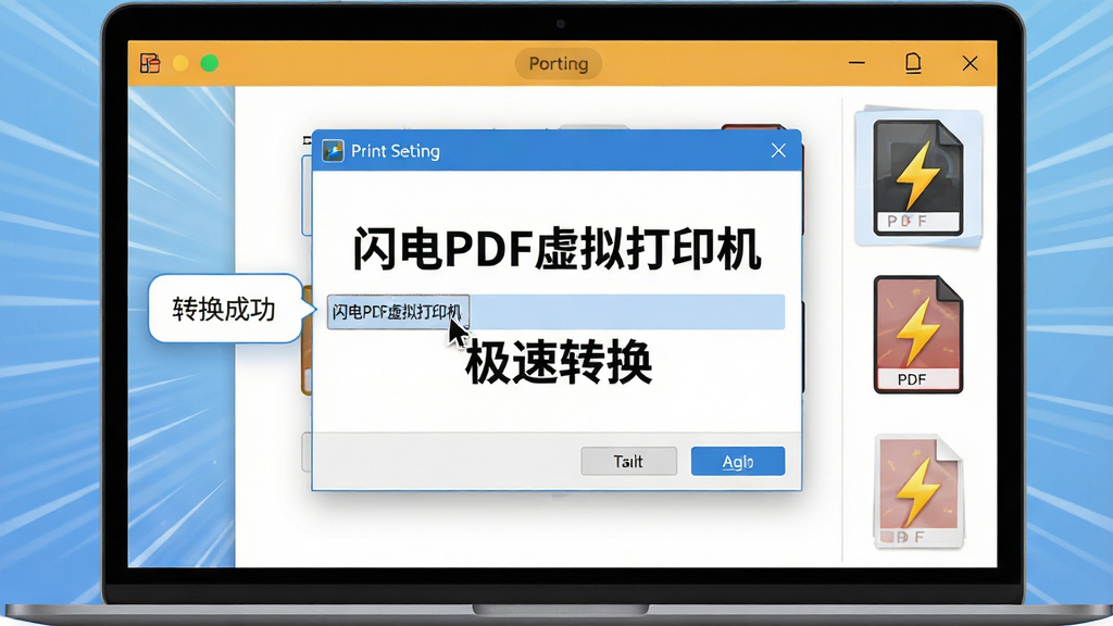 主体:一台笔记本电脑屏幕上显示打印设置界面,光标选中“闪电PDF虚拟打印机”选项,旁边弹出“转换成功”的提示气泡。布局:画面中央为打印对话框特写,右侧延伸出已生成的PDF文件缩略图。排版:简洁清晰,突出软件名称“闪电PDF虚拟打印机”与“极速转换”字样。风格:写实与扁平结合,色彩明亮。细节:文件图标带有闪电符号,背景有轻微速度线特效。画质:细腻逼真,干净无杂物。