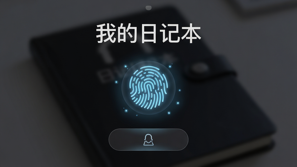 主体:我的日记本软件的锁屏界面,显示指纹解锁图标。布局:居中构图,锁屏背景模糊。排版:上方有“我的日记本”字样,下方是解锁按钮。风格:暗色系,科技感。细节:指纹图标发光,周围有光效。画质:高清,干净,无多余元素。