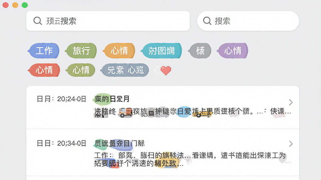 主体:我的日记本软件的日记列表页面,展示分类标签和搜索框。布局:列表式布局,顶部是搜索栏,下方是标签云。排版:标签有“工作”、“旅行”、“心情”等彩色标签。风格:简洁清新,背景为浅灰色。细节:每条日记显示日期和摘要,标签颜色不同。画质:高清,干净,无多余元素。