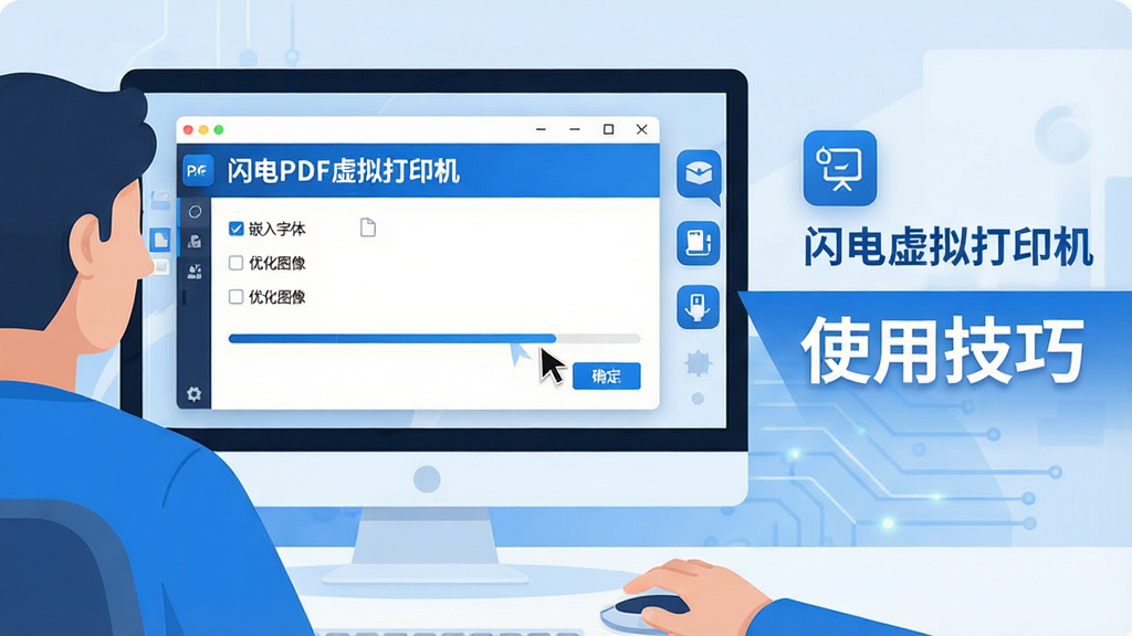 主体:电脑屏幕前,一位用户正在操作“闪电PDF虚拟打印机”软件,屏幕显示设置界面与转换进度条。布局:画面中央为电脑屏幕特写,屏幕内展示软件主窗口,右侧有操作提示图标。排版:清晰直观,突出“闪电PDF虚拟打印机”名称与“使用技巧”字样。风格:现代科技感,蓝白配色,扁平化插画。细节:屏幕中显示“嵌入字体”、“优化图像”等选项,鼠标指针指向“确定”按钮。画质:高清渲染,干净无杂物。
