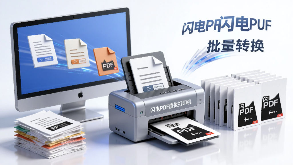 主体:电脑屏幕前,多份文档图标依次飞入一个虚拟打印机,打印机出口处连续输出带有“闪电PDF”标识的PDF文件。布局:横向流程展示,左侧文件堆叠、中间打印机、右侧PDF文件队列。排版:节奏感强,突出软件名称“闪电PDF虚拟打印机”与“批量转换”字样。风格:科技风3D渲染,蓝灰配色。细节:每份文档带有不同颜色标签,转换队列整齐排列。画质:高清立体,背景纯净。