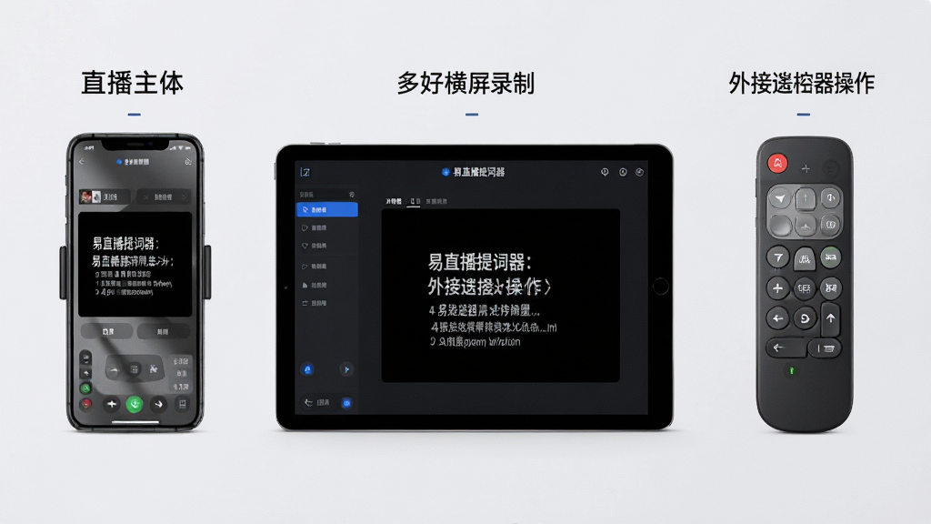 主体:易直播提词器在多场景下的应用,包括手机竖屏直播、平板横屏录制、外接遥控器操作。布局:多个设备排列展示,中间为软件主界面。排版:每个设备旁有简要标注。风格:干净,商务,浅灰色背景。细节:设备屏幕显示提词界面,遥控器按键清晰。画质:高分辨率,清晰,无多余元素。