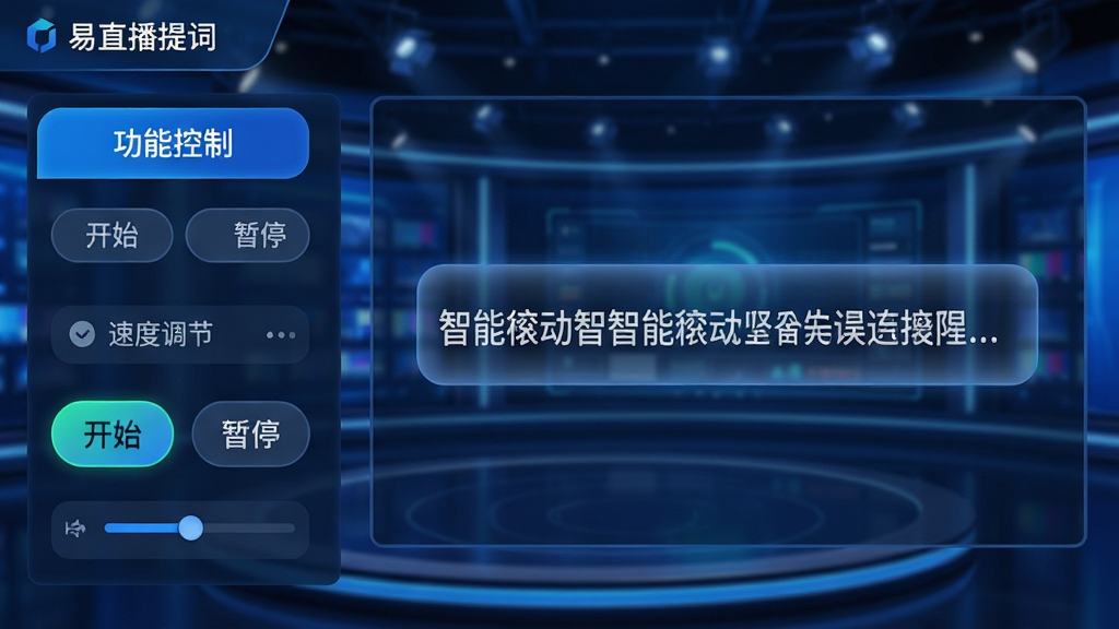 主体:易直播提词器应用界面,显示智能滚动提词功能,文字清晰滚动,背景为虚拟演播室。布局:界面左侧为控制面板,右侧为预览区,中间为滚动文字。排版:功能标签醒目,滚动字幕平滑。风格:科技感,现代,蓝色调。细节:控制按钮有“开始”“暂停”“速度调节”等,字幕边缘柔和。画质:高清,专业,无多余元素。