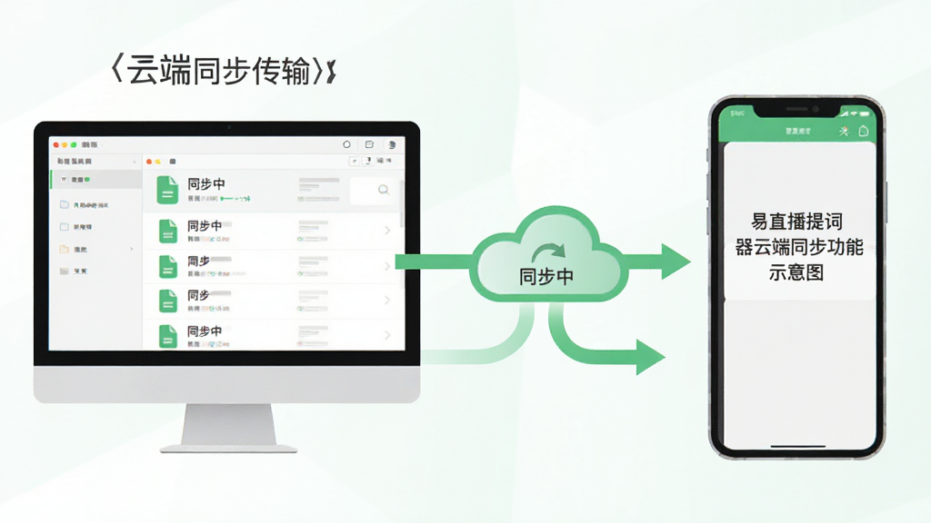 主体:易直播提词器云端同步功能示意图,展示电脑与手机之间的文稿传输。布局:左侧为电脑编辑器,右侧为手机提词界面,中间有云朵图标连接。排版:简洁,箭头指示同步方向。风格:扁平化,清新,绿色点缀。细节:云朵图标有“同步中”字样,文件列表清晰。画质:干净,无多余元素。
