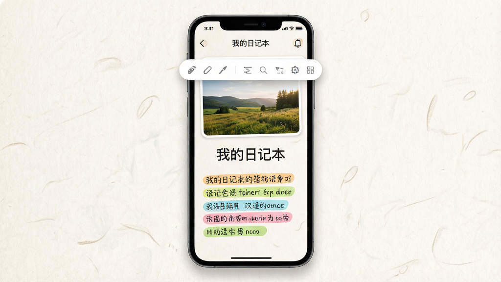 展示《我的日记本》编辑界面的插图。主体是手机竖屏界面,屏幕内显示一篇包含风景照片、大标题和彩色高亮文字的日记。布局为手机居中,界面元素清晰可见,编辑工具栏悬浮在文字上方。风格为干净的UI设计稿,细节包括纸张纹理背景和圆角卡片设计。画质高清,色彩鲜艳自然,无多余元素。