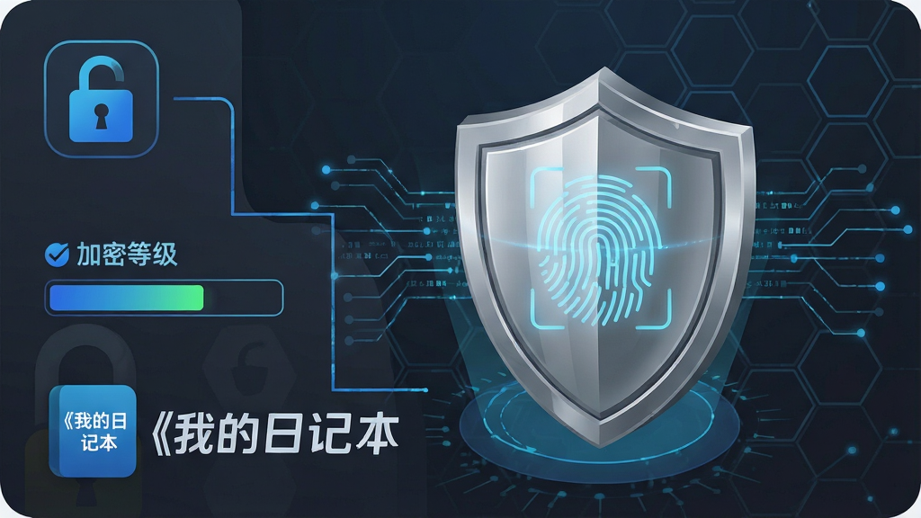 一张展示《我的日记本》加密功能的预览图。主体为锁屏界面与加密文件图标的组合,一把银色盾牌位于画面中心,盾牌表面有指纹扫描的光效。布局上,锁定图标、加密等级指示条和《我的日记本》Logo呈L形排列。风格为科技感插画,细节包含数据流线条和六边形网格背景。画质清晰锐利,蓝色与深灰色调,无多余元素。