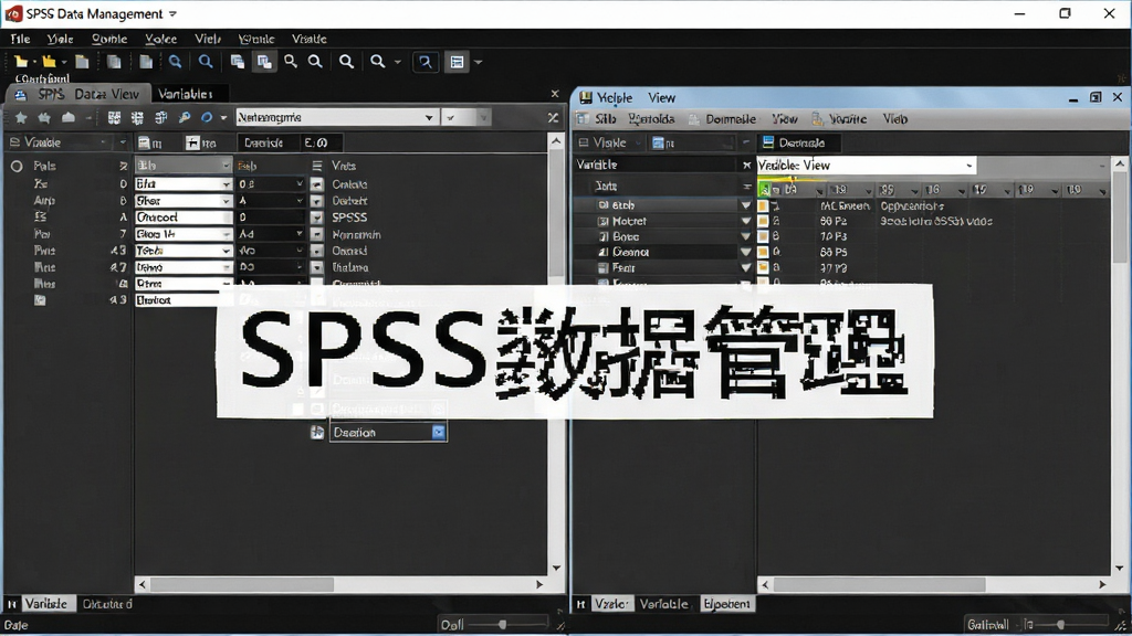 画面主体为SPSS数据管理界面,展示数据视图与变量视图,布局左右分栏,排版清晰,风格务实,细节包括变量属性设置、数据单元格编辑,画质高清,干净无多余元素,文字标注“SPSS数据管理”