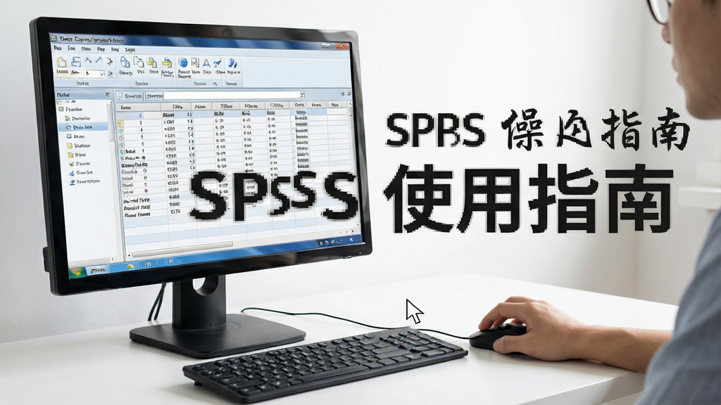 画面主体为SPSS操作演示场景,电脑屏幕显示软件界面,人物手部正在操作鼠标,布局简洁,排版自然,风格实用,细节包括鼠标指针和数据表格,画质高清,干净无多余元素,文字标注“SPSS使用指南”