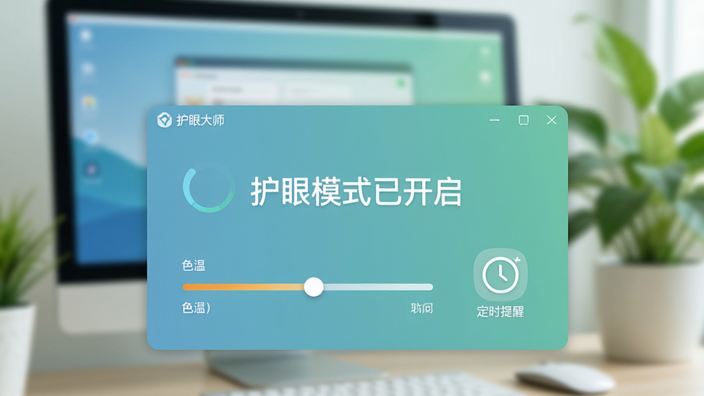 画面中央展示护眼大师软件界面,界面以柔和的蓝绿色调为主,背景为模糊的电脑屏幕与绿色植物,前景为软件主面板,显示“护眼模式已开启”字样,整体布局简约清新,风格现代科技感,细节包括色温调节滑块和定时提醒时钟图标,画质高清,干净无多余元素