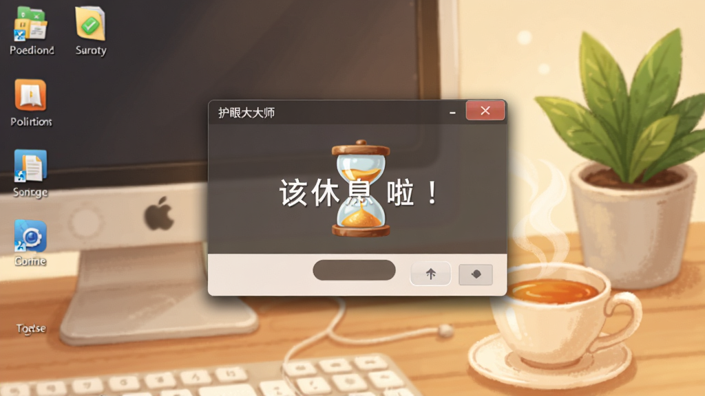 护眼大师软件提醒界面,弹窗显示“该休息啦!”并配有一个沙漏图标,背景为电脑桌面,旁边有一杯热茶和绿色盆栽,整体色调温馨,风格插画感,细节包括弹窗阴影与桌面图标,画质高清,干净无多余元素