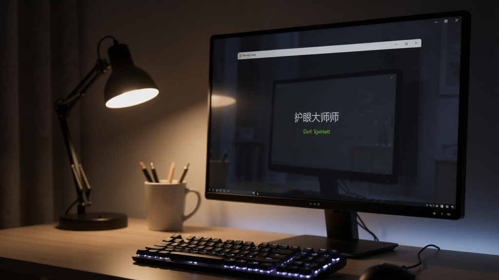 夜晚房间内,护眼大师软件界面显示暗光模式已启用,屏幕亮度明显降低,背景为昏暗的书桌,只有台灯微光,风格写实,细节包括屏幕反光与键盘背光,画质高清,干净无多余元素