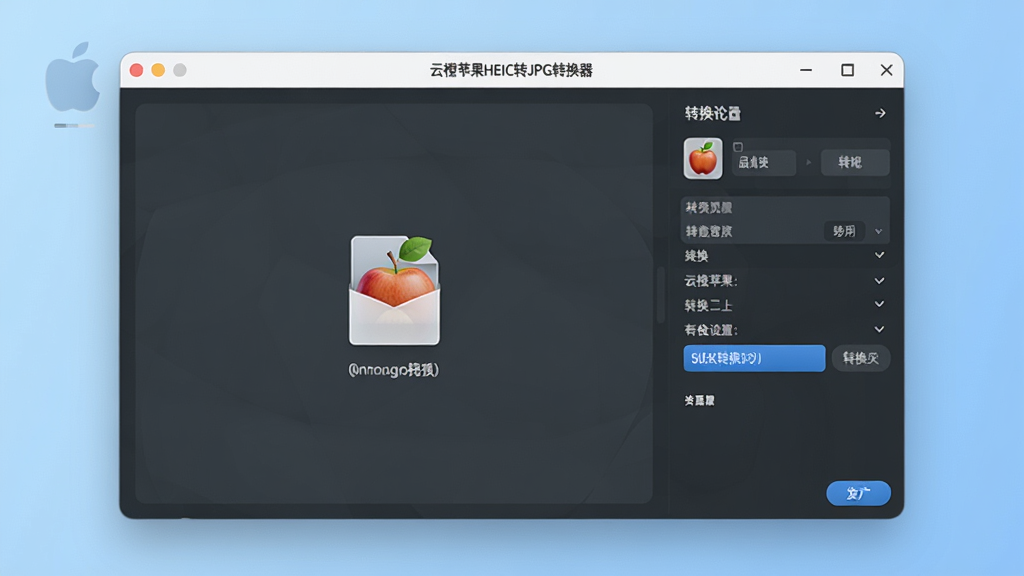 画面中央展示“云橙苹果HEIC转JPG转换器”软件主界面,左侧为文件拖拽区域,右侧为转换设置面板,背景为浅蓝渐变,界面布局简洁现代,图标精致,文字清晰,整体风格干净明亮,高清渲染,无多余元素