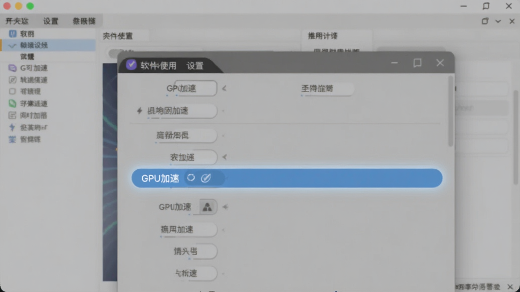 展示软件使用过程中设置界面,高亮“GPU加速”选项,背景为软件主窗口,色调柔和,界面清晰,无多余元素
