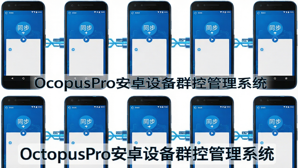 画面主体为多台安卓手机排列成矩阵,屏幕显示相同操作界面,布局整齐,排版规整,风格科技蓝调,细节体现同步指令传输,画质清晰干净,无多余元素,文字标注“OctopusPro安卓设备群控管理系统”