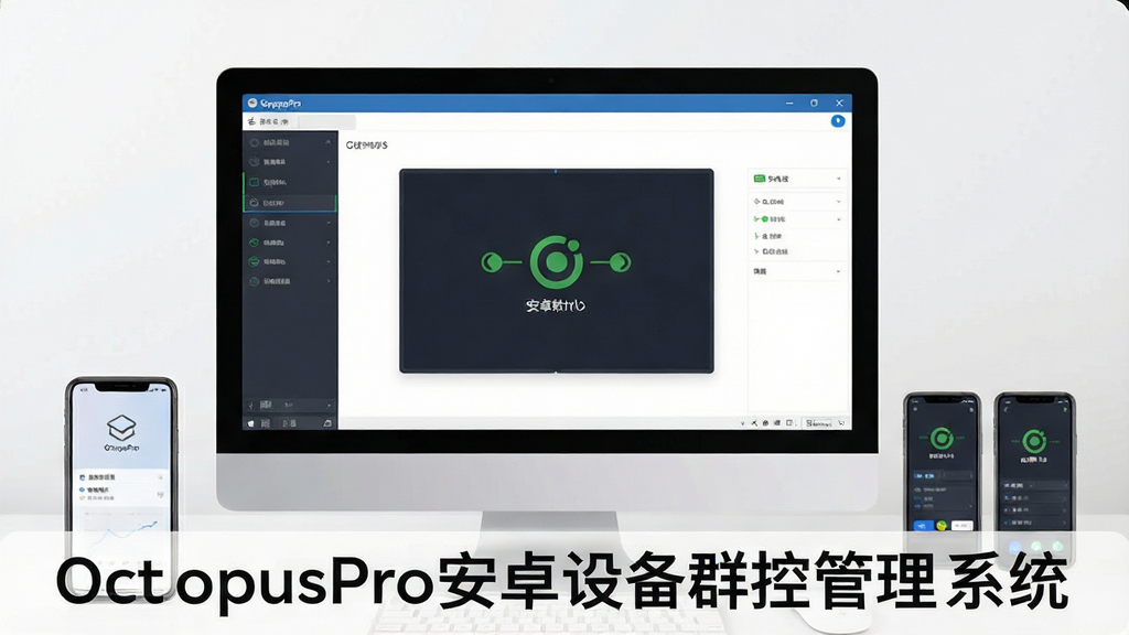 画面主体为电脑屏幕显示OctopusPro软件主界面,旁边有手机排列,布局清晰,排版简洁,风格实用,细节包含连接状态图标,画质高清干净,无多余元素,文字标注“OctopusPro安卓设备群控管理系统”