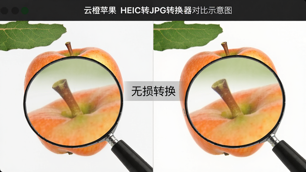 主体:云橙苹果HEIC转JPG转换器画质对比示意图,左侧为HEIC原图,右侧为转换后的JPG图,放大细节展示。布局:两图并列,中间有“无损转换”字样。排版:简洁对比,突出细节。风格:专业,清晰。细节:放大区域显示相同细节,色彩一致。画质:高清,干净,无多余元素。