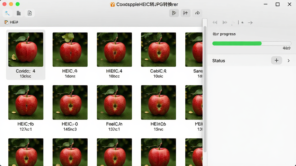 主体:云橙苹果HEIC转JPG转换器批量转换界面,显示多张HEIC图片缩略图,并带有转换进度条。布局:网格状排列,界面整洁。排版:左侧为图片列表,右侧为转换进度和状态。风格:简洁实用。细节:每张图片下方有文件名和大小,进度条为绿色。画质:高清,干净,无多余元素。
