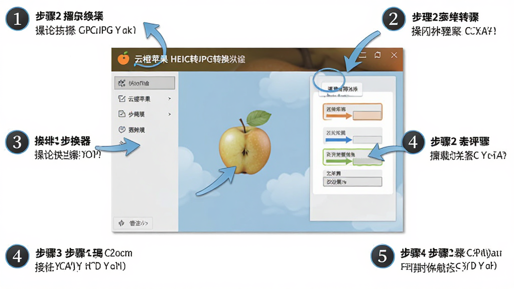 主体:云橙苹果HEIC转JPG转换器使用教程截图,显示软件主界面和操作步骤标注。布局:截图为主,四周有步骤说明箭头。排版:清晰,有数字标注。风格:教学型。细节:步骤1-5,箭头指向对应按钮。画质:高清,干净,无多余元素。