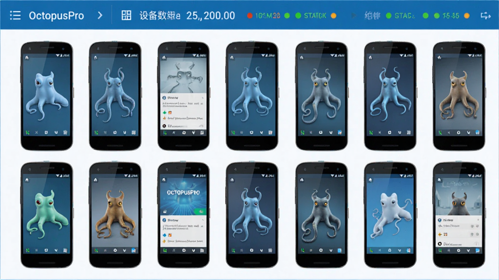 一幅展示OctopusPro安卓设备群控管理系统主界面的高清截图,屏幕中央显示多台安卓手机整齐排列的矩阵图,每台手机屏幕内容各不相同,界面顶部有设备数量统计和状态指示灯,整体风格科技感强,蓝色调为主,画面干净清晰,细节丰富,无多余元素。