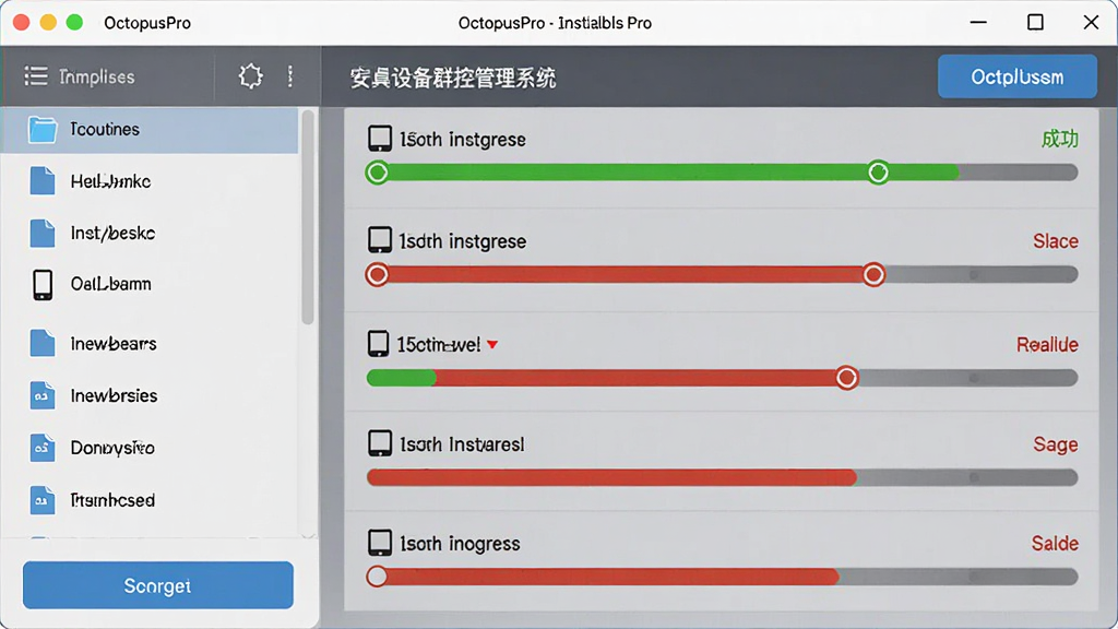 OctopusPro安卓设备群控管理系统批量安装应用的操作界面,左侧是文件列表,右侧显示多台设备安装进度条,进度条绿色表示成功,红色表示失败,界面简洁,按钮清晰,整体风格商务化,画质干净,无多余元素。