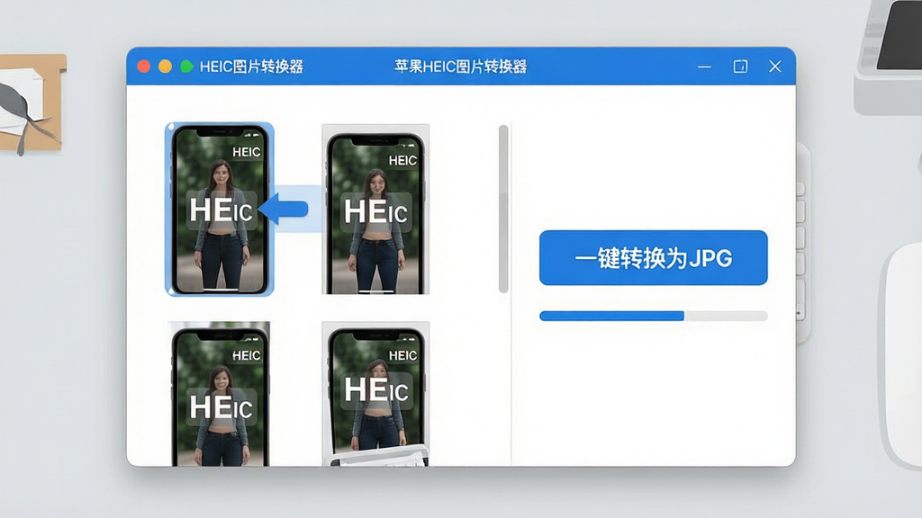 一幅现代扁平化风格的电脑软件界面展示图,主体为“苹果HEIC图片转换器”的操作窗口,窗口内清晰显示着几张带有“HEIC”标识的苹果手机图片被拖拽至转换列表,旁边有醒目的“一键转换为JPG”按钮和进度条,界面布局简洁干净,蓝色主色调,背景为浅灰色工作台,整体画质清晰,无多余元素。