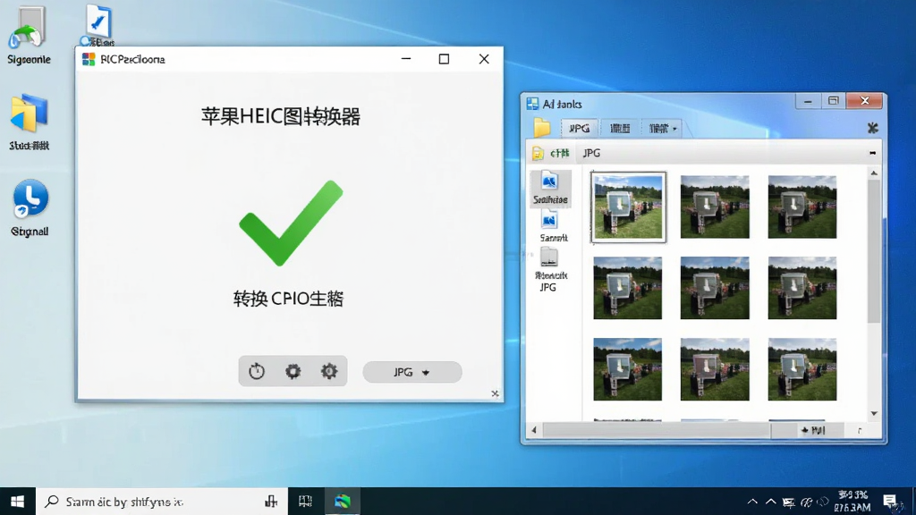 一张“苹果HEIC图片转换器”软件运行效果图,主体为软件主界面在Windows桌面上的展示,界面上显示着转换完成的绿色对勾状态,旁边文件夹窗口展示着转换后的JPG图片列表,桌面背景整洁,环境明亮,整体风格写实,画质清晰。