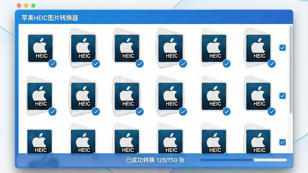 一张展示软件批量处理能力的界面预览图,主体为“苹果HEIC图片转换器”的批量转换列表,列表中整齐排列着数十个带有苹果LOGO和HEIC格式标识的图片文件,每个文件旁都有独立的转换状态勾选标记,底部显示“已成功转换 128/150 张”的进度信息,界面风格简洁商务,蓝白配色,画质干净清晰。