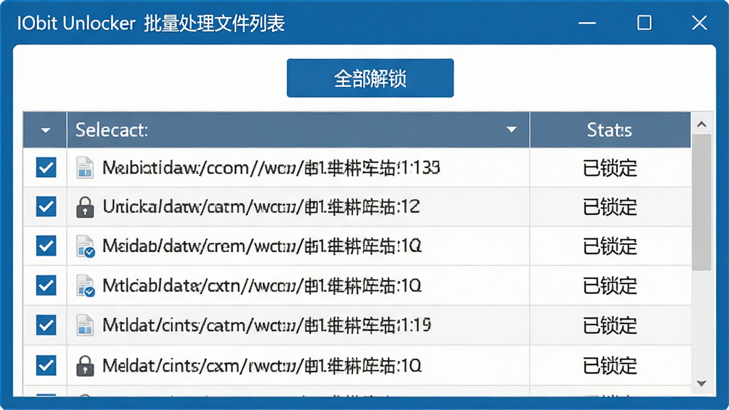 主体:IObit Unlocker批量处理文件列表界面;布局:表格形式展示多个文件路径和状态,顶部有“全部解锁”按钮;排版:列表清晰,勾选框醒目;风格:简洁商务风,蓝灰配色;细节:多个文件被勾选,状态列显示“已锁定”;画质:高清,干净,无多余元素