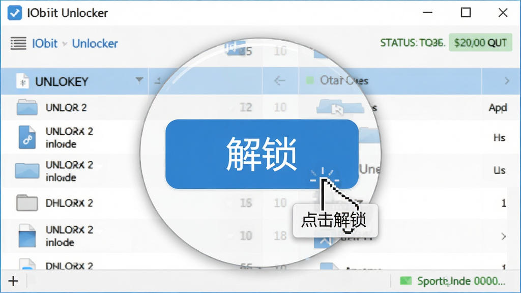 主体:IObit Unlocker软件界面的“解锁”按钮特写;布局:界面中央放大显示解锁按钮,周围有文件列表和状态提示;排版:按钮醒目,文字清晰;风格:现代扁平化设计,蓝白配色;细节:鼠标悬停在解锁按钮上,显示“点击解锁”提示;画质:高清,干净,无多余元素