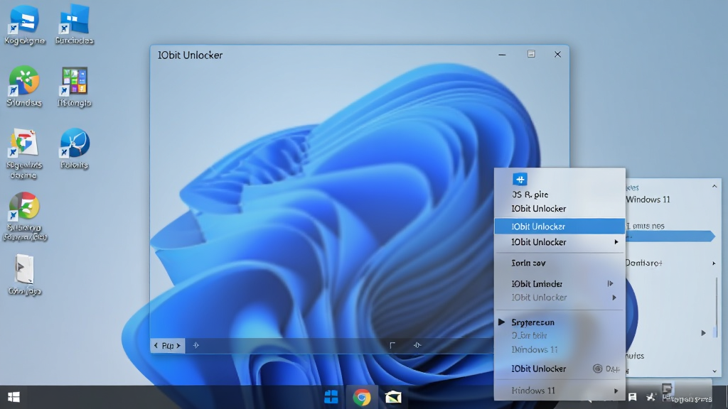 主体:IObit Unlocker在Windows 11系统上运行的截图,背景是桌面图标;布局:软件窗口居中,右键菜单展开;排版:界面清晰,菜单项排列整齐;风格:现代Windows风格,毛玻璃效果;细节:右键菜单中“IObit Unlocker”选项高亮显示;画质:高清,干净,无多余元素