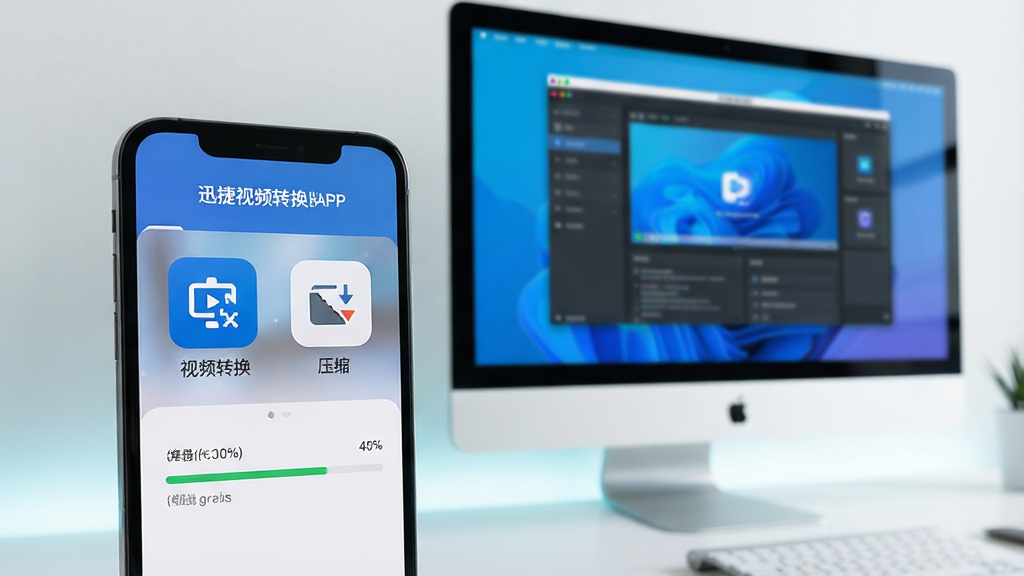 主体:智能手机屏幕显示迅捷视频转换器APP界面,旁边有一台电脑显示器。布局:手机与电脑并排放置,视线焦点在手机屏幕。排版:手机界面显示“视频转换”“压缩”等图标。风格:科技现代,浅色背景。细节:手机屏幕显示转换进度条,电脑屏幕显示软件主界面。画质:高清,干净,无多余元素。