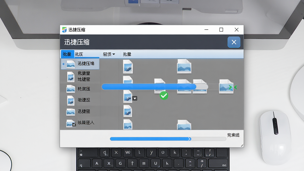 电脑屏幕前鼠标拖拽多个文件到「迅捷压缩」软件窗口的俯视场景,界面显示批量文件列表与进度条,主体为软件界面,布局居中,排版清晰,风格写实,细节呈现蓝色进度条与完成状态,画质干净,无多余元素。