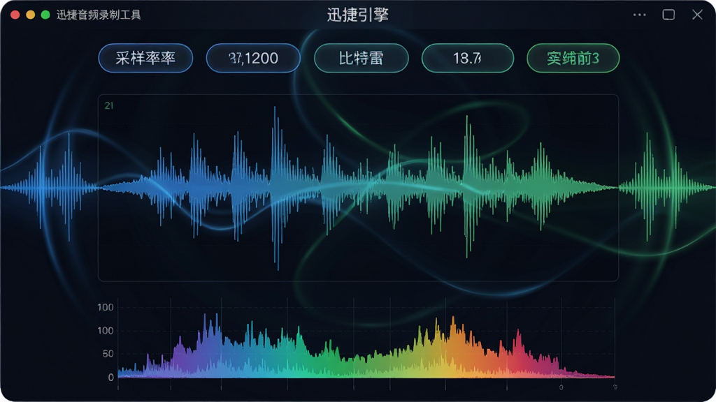 主体:迅捷音频录制工具的高清录音引擎界面,中央显示音频波形图,周围环绕声波特效。布局:波形图占据画面中心,上方有采样率、比特率等参数标签。排版:参数以胶囊状标签形式排列在顶部,波形图下方有实时频谱分析。风格:深色背景搭配蓝色和绿色波形线条,科技感强烈。细节:波形图细腻流畅,频谱分析彩色渐变,标签文字清晰,界面干净整洁。画质:超高清渲染,光影效果出色,无多余元素。